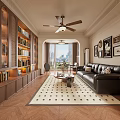 Modern Living and Dining Room Interior With Black Leather Sofa Armchair Ceiling Fan and Decorative Art