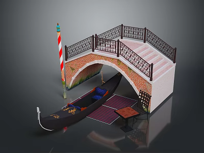 Venetian Bridge Scene With Black Gondola Decorative Railings Red White Striped Lamp Post Steps 3d model