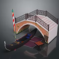 Venetian Bridge Scene With Black Gondola Decorative Railings Red White Striped Lamp Post Steps