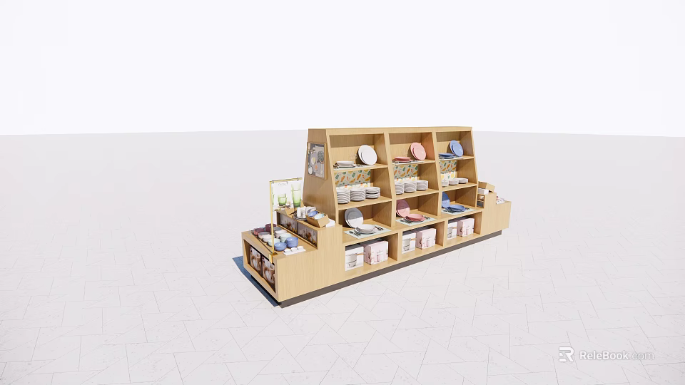 Wooden Display Shelf With Multi Tiered Design For Plates Books And Boxes 3d model 