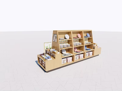 Wooden Display Shelf With Multi Tiered Design For Plates Books And Boxes 3d model