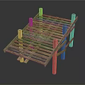 Wooden Platform Structure With Sloped Ramp Beams And Support Posts