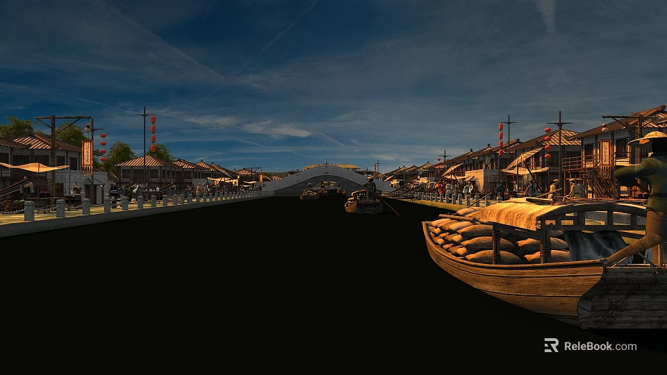 Traditional Water Town Scene With Ancient Architecture Stone Bridge And Wooden Boats 3d model 