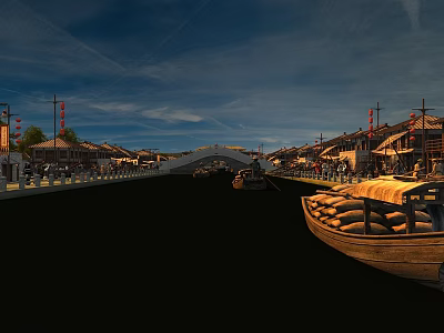 Traditional Water Town Scene With Ancient Architecture Stone Bridge And Wooden Boats 3d model
