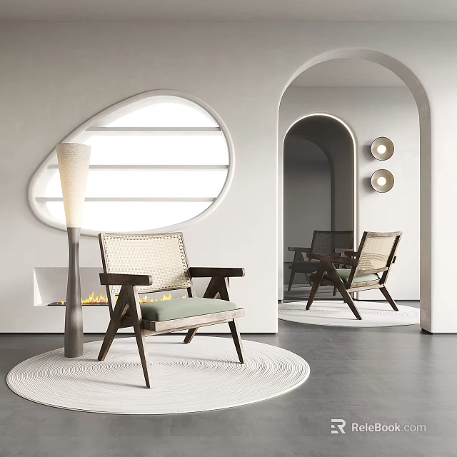 Accent Chair With Wooden Frame And Linen Cushion In Modern Interior With Oval Window Archway 3d model 