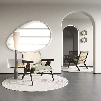 Accent Chair With Wooden Frame And Linen Cushion In Modern Interior With Oval Window Archway 3d model