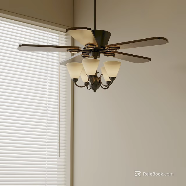 Ceiling Fan With Lights In Interior Room Space Near Window Blinds Design 3d model 