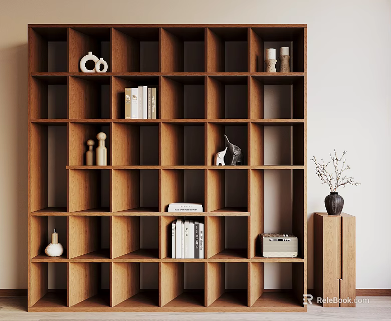 Modern Wooden Cube Bookshelf Featuring Books Decorative Sculptures And Vintage Typewriter 3d model 