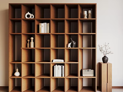 Modern Wooden Cube Bookshelf Featuring Books Decorative Sculptures And Vintage Typewriter 3d model