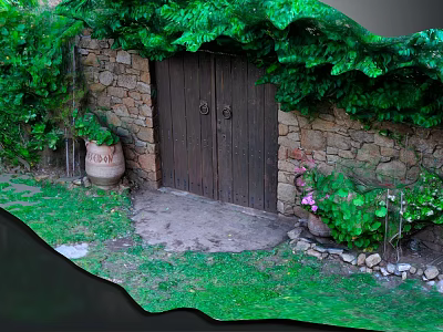 Rustic Entrance Gate With Wooden Door Stone Wall Green Vines Clay Pot And Grass Around 3d model