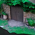 Rustic Entrance Gate With Wooden Door Stone Wall Green Vines Clay Pot And Grass Around