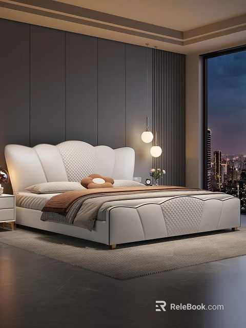Modern White Leather Double Bed With Wing Shaped Headboard In Bedroom City Night View 3d model 