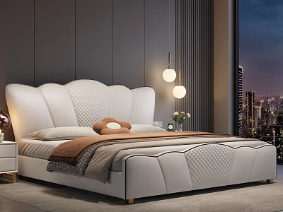 Modern White Leather Double Bed With Wing Shaped Headboard In Bedroom City Night View 3d model