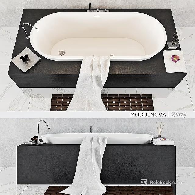 Modern Bathtub Design With Black Base White Tub Hanging Towel And Bathroom Accessories 3d model 