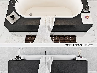 Modern Bathtub Design With Black Base White Tub Hanging Towel And Bathroom Accessories 3d model