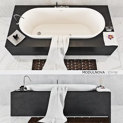 Modern Bathtub Design With Black Base White Tub Hanging Towel And Bathroom Accessories 3d model