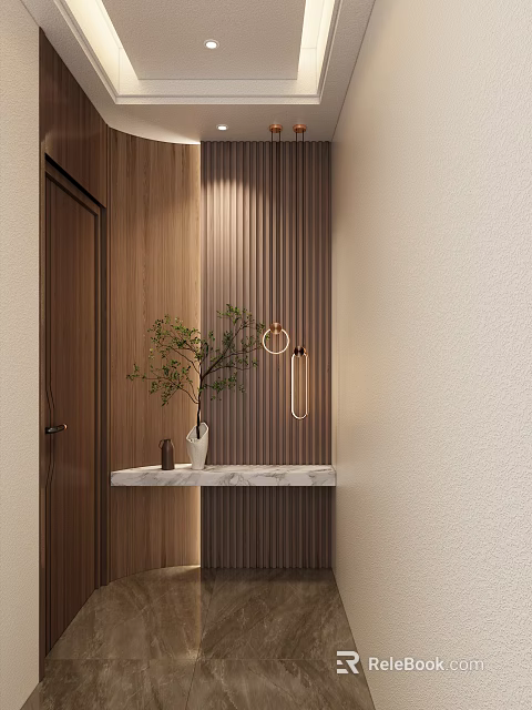 Modern Foyer Hallway With Wooden Wall Marble Console And Pendant Lights 3d model 