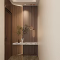 Modern Foyer Hallway With Wooden Wall Marble Console And Pendant Lights
