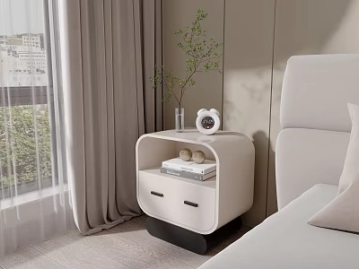 Modern Minimalist White Bedside Table With Drawer Alarm Clock Books And Green Plant In Bedroom 3d model