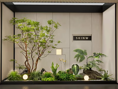 Indoor Landscape Interior With Large Tree Various Green Plants Stones And Round Lights 3d model