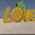 Vibrant LOVE Letters With Pineapple Decoration On Sandy Beach Under Blue Sky
