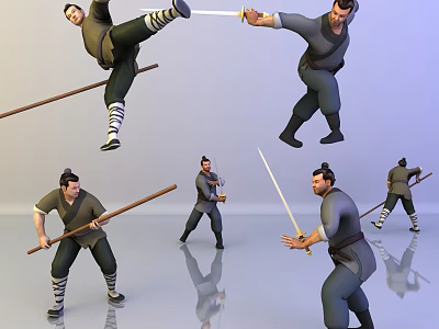 Animated Martial Arts Game Characters In Dynamic Action Poses With Swords And Staves 3d model