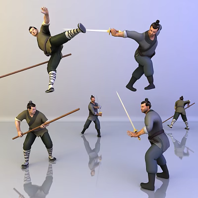 Animated Martial Arts Game Characters In Dynamic Action Poses With Swords And Staves 3d model