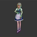 Game And Movie Character With Blue Gray Hair Wearing Blue White Maid Outfit Holding Mop