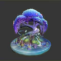 Vibrant Decorative Tree Sculpture With Purple Trunk Blue Canopy Pink Blossoms And Green Moss