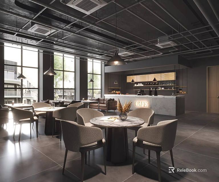 Modern Industrial Restaurant Interior With Round Tables Beige Chairs Bar Counter And Natural Light 3d model 