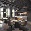 Modern Industrial Restaurant Interior With Round Tables Beige Chairs Bar Counter And Natural Light