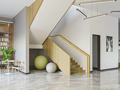 Modern Book Art Interior Design With Wooden Staircase Bookshelf Green Plant And Spheres 3d model