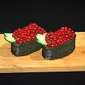 Fish Roe Sushi Served On Wooden Plate Against Black Background