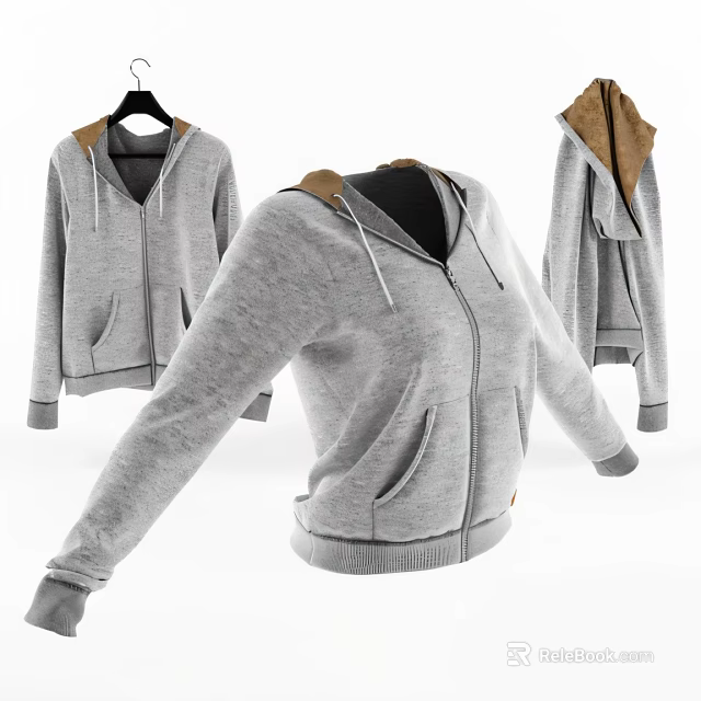 Gray Zip Up Hoodie With Brown Hood Lining Front Pockets And Stylish Casual Design 3d model 