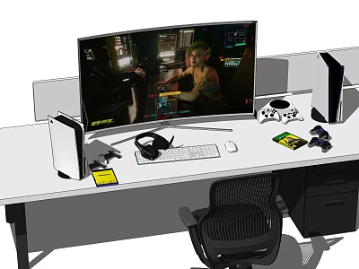 Gaming Desk Setup With Curved Monitor Game Controller Keyboard Mouse And PC Tower 3d model
