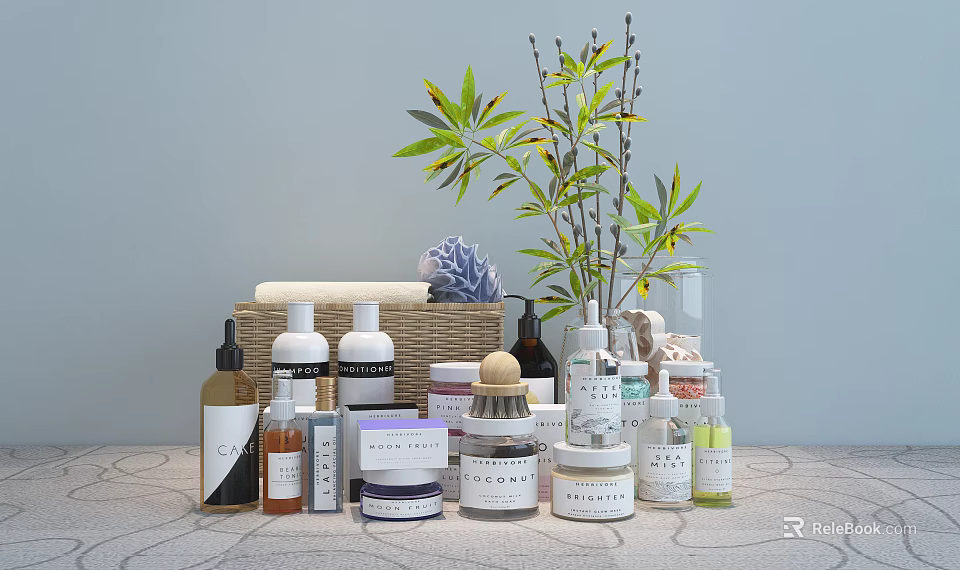 Stylish Bathroom Accessories Including Toiletries Bottles Jars Green Plant And Storage Basket 3d model 