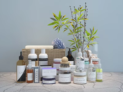 Stylish Bathroom Accessories Including Toiletries Bottles Jars Green Plant And Storage Basket 3d model