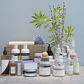 Stylish Bathroom Accessories Including Toiletries Bottles Jars Green Plant And Storage Basket