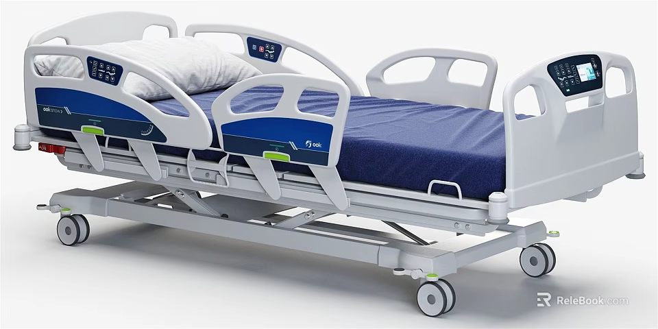 Adjustable Medical Bed with Blue Mattress White Frame Side Rails and Control Panel on Wheels 3d model 