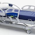 Adjustable Medical Bed with Blue Mattress White Frame Side Rails and Control Panel on Wheels