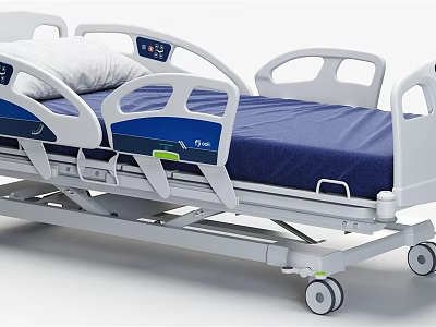 Adjustable Medical Bed with Blue Mattress White Frame Side Rails and Control Panel on Wheels 3d model