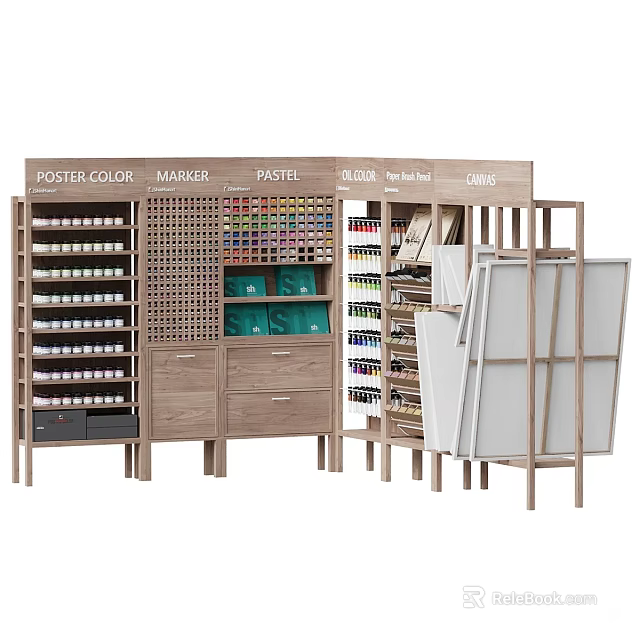 Wooden Display Cabinet Displaying Art Supplies Poster Colours Markers Pastels Brushes And Canvases 3d model 