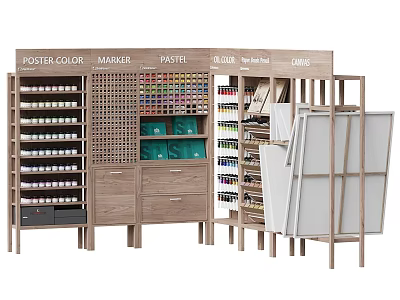 Wooden Display Cabinet Displaying Art Supplies Poster Colours Markers Pastels Brushes And Canvases 3d model