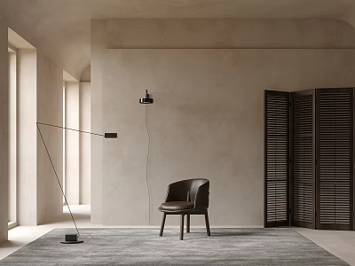 Brown Armchair In Modern Minimalist Interior With Lamp And Screen 3d model