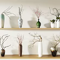 Light Wooden Shelves Display Multiple Vases With Decorative Branches On White Wall