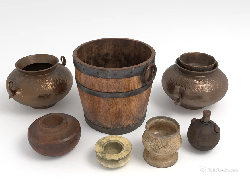 Traditional Handcrafted Household Items Featuring Wooden Bucket Clay Pots And Small Containers 3d model 