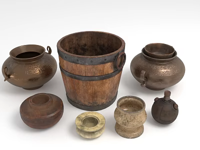 Traditional Handcrafted Household Items Featuring Wooden Bucket Clay Pots And Small Containers 3d model