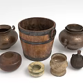 Traditional Handcrafted Household Items Featuring Wooden Bucket Clay Pots And Small Containers