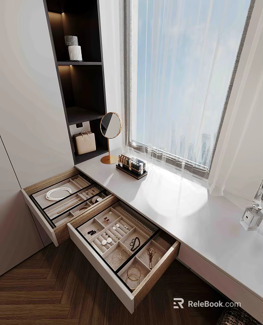 Elegant Walk In Closet Interior With Open Drawers Jewelry Cosmetics And Natural Light 3d model 