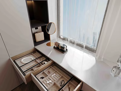 Elegant Walk In Closet Interior With Open Drawers Jewelry Cosmetics And Natural Light 3d model